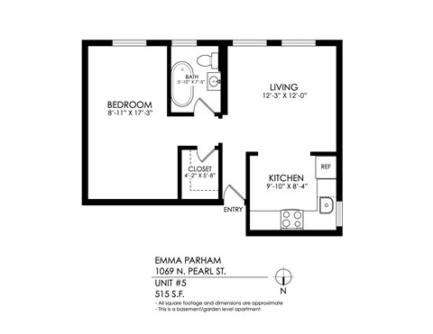 Floor plan for 1 bed, 1 bath, 515 sqft